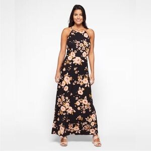 French Grey Floral Halter Maxi Dress Keyhole Back Black Boho Size L